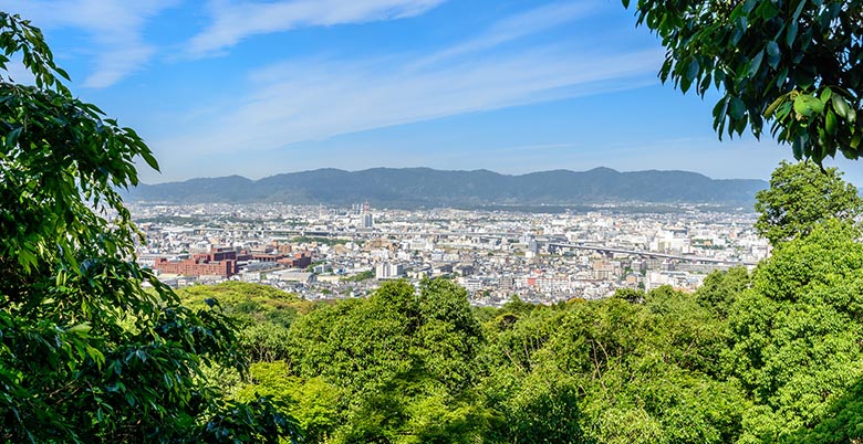 日本の京都、稲荷山の森からの京都のパノラマビュー、写真：dconvertini