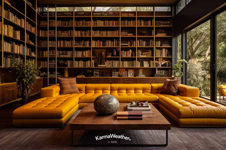 Decoración de una biblioteca Feng Shui en amarillo ocre, marrón claro