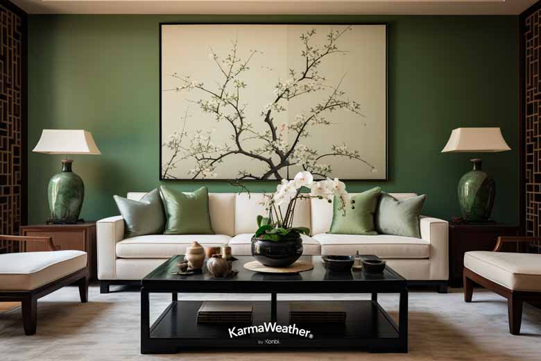 Décoration d'un salon Feng Shui en vert
