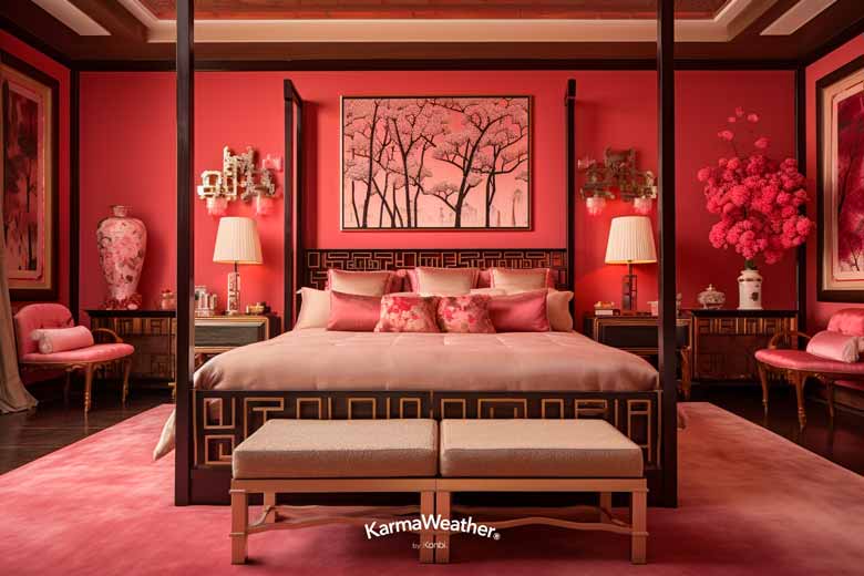 Decorar un dormitorio principal Feng Shui en rosa y rojo