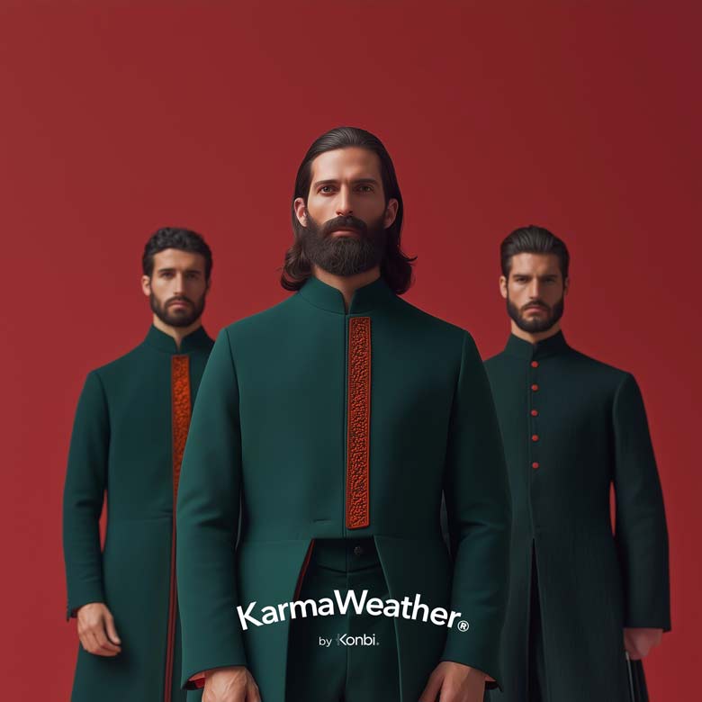 Tendances mode 2025 pour lui : Photo de 3 hommes en tunique vert émeraude avec plastron brodé