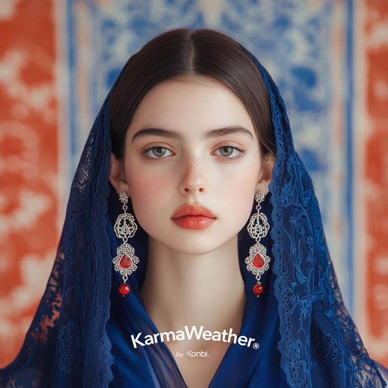 Tendances mode 2025 pour elle : Portrait de jeune femme en robe et voile en dentelle bleu de Prusse