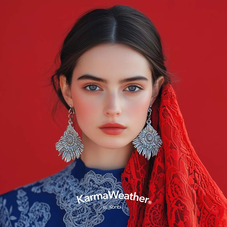 Tendances mode 2025 pour elle : Portrait de jeune femme en robe bleu de Prusse avec motifs dentelés blancs et voile en dentelle rouge carmin