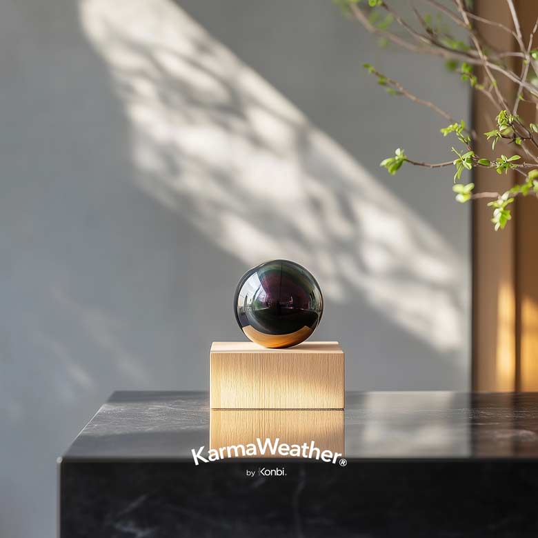 Celestial eye obsidian orb on a marble table with a Feng Shui plant