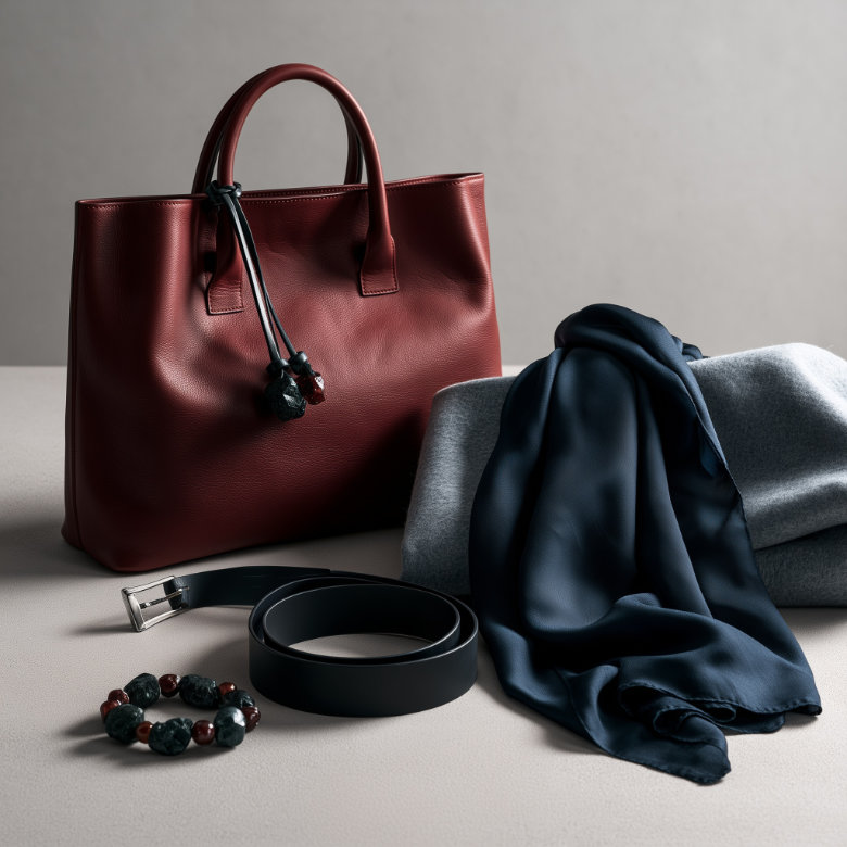 2027 fashion accessories: silver jewelry, carmine bag, midnight blue scarf and natural materials