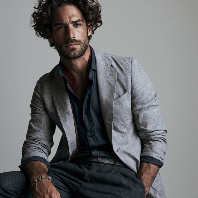 2027 fashion trends for him: pearl gray jacket, midnight blue shirt and carmine red accent